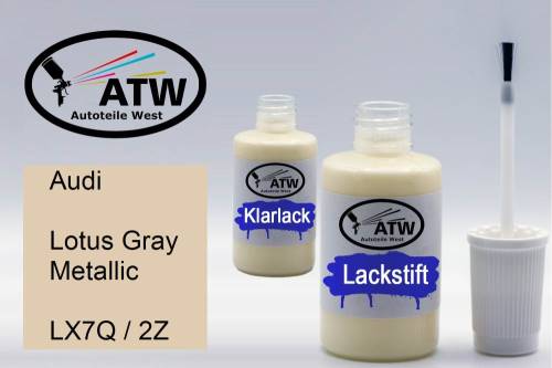 Audi, Lotus Gray Metallic, LX7Q / 2Z: 20ml Lackstift + 20ml Klarlack - Set, von ATW Autoteile West.